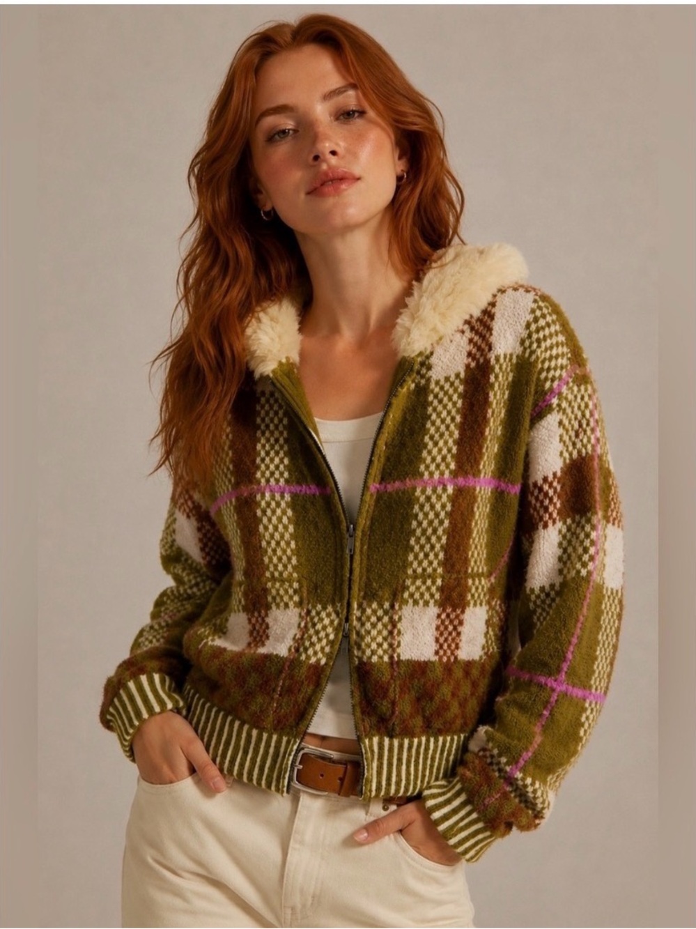 New Free People Namesake Plaid Faux Fur Hoodie Sweater- Green Combo